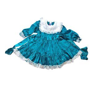 Martha's Miniatures Bib Collar Dress Teal Vintage Girls Pageant Dress sz 5